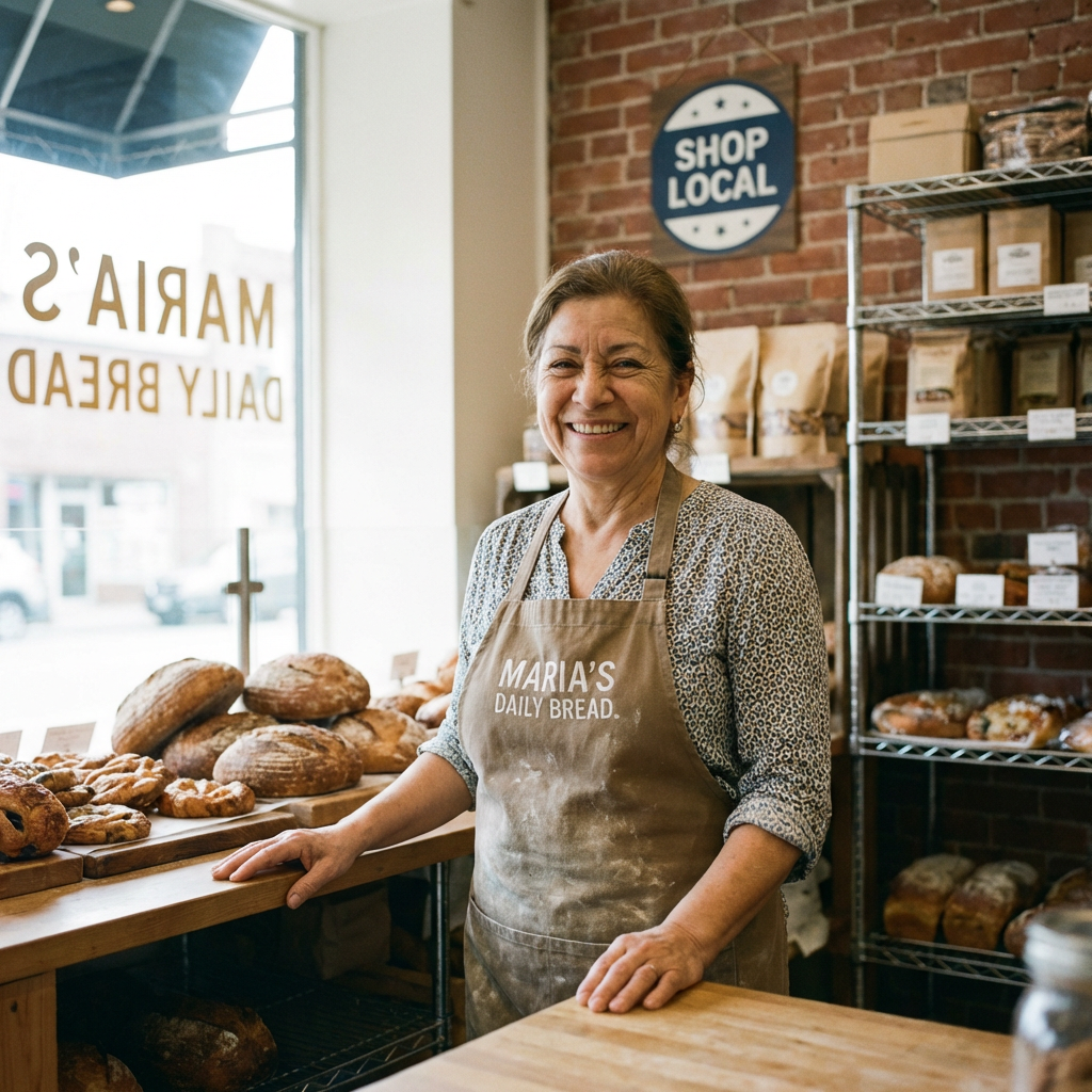 Portrait of Maria in her bakery Maria's Daily Bread with a Shop Local sign.