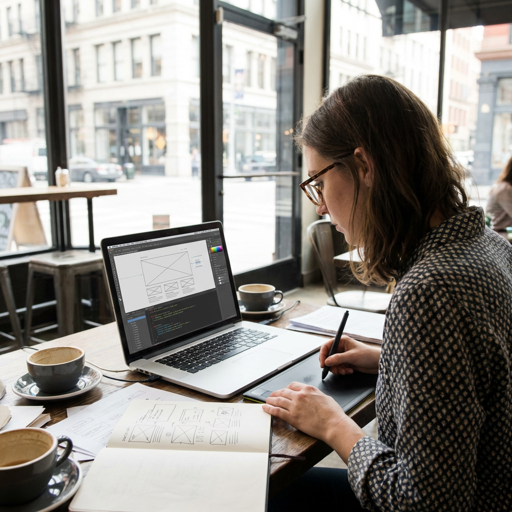 Person using a laptop and graphics tablet to design a website interface in a cafe.