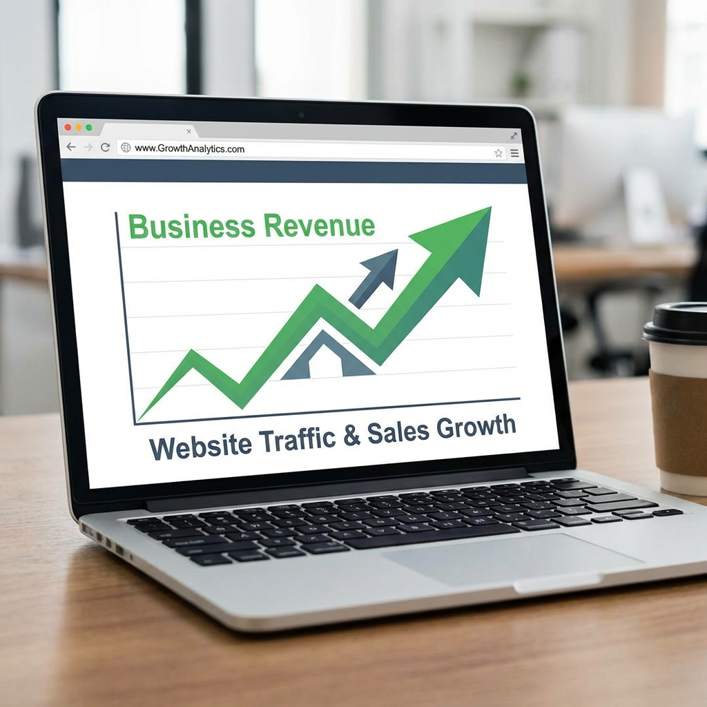 Laptop showing a business revenue graph titled Website Traffic and Sales Growth.